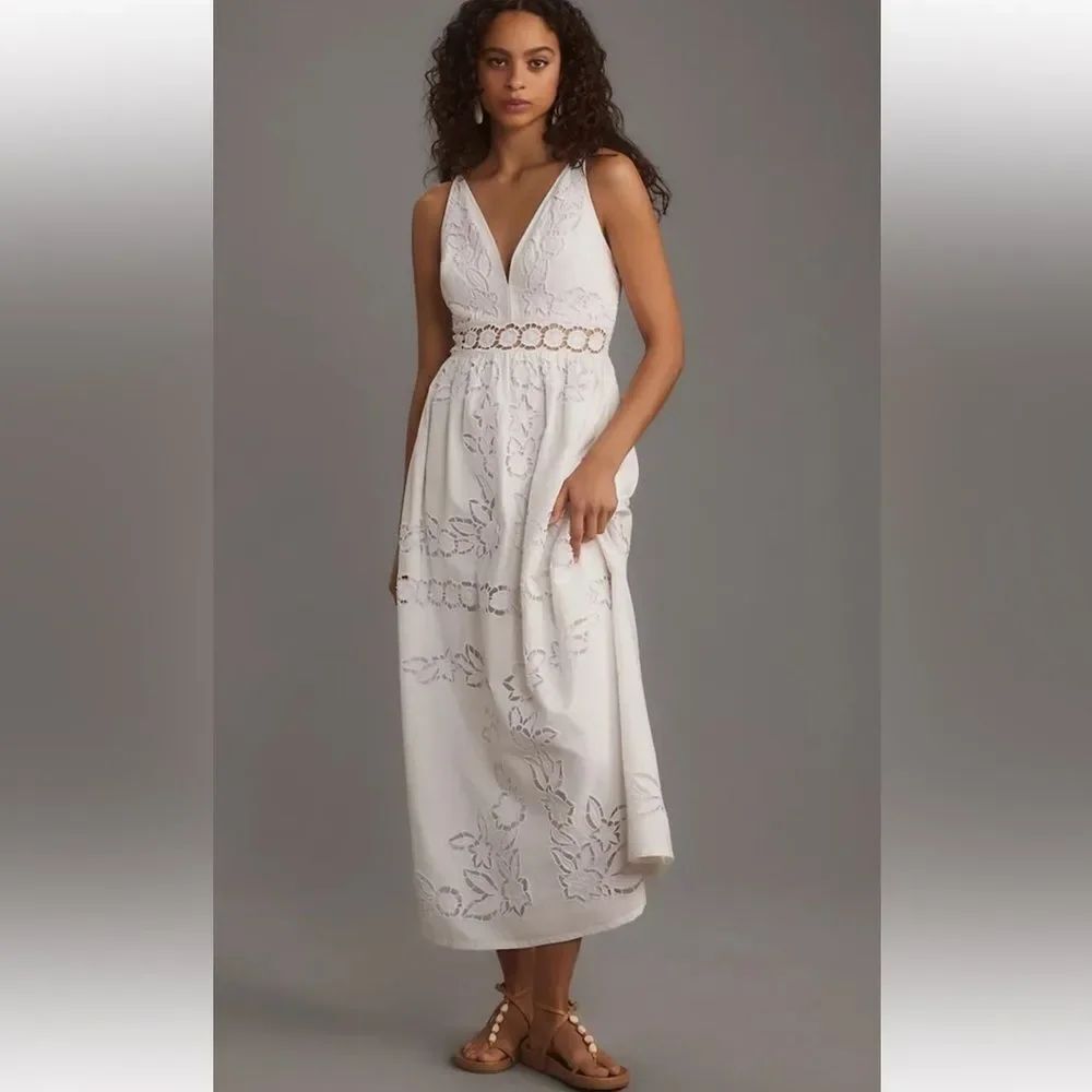 Anthropologie Vineet Bahl Sleeveless V-Neck Floral Cutwork Midi Dress